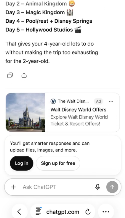 A Walt Disney World ad sitting directly below a ChatGPT itinerary answer