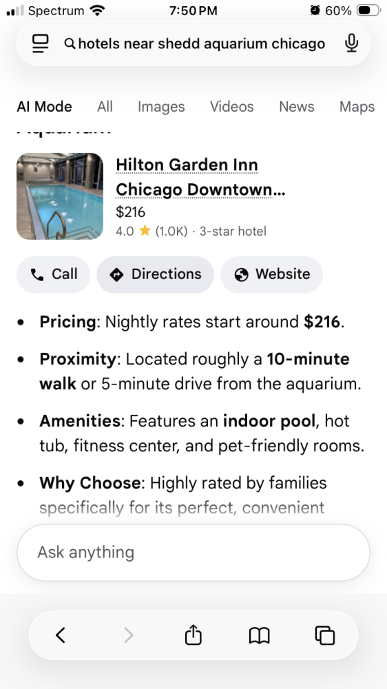 Google AI Mode recommending a named hotel near the Shedd Aquarium with rating, price and amenities