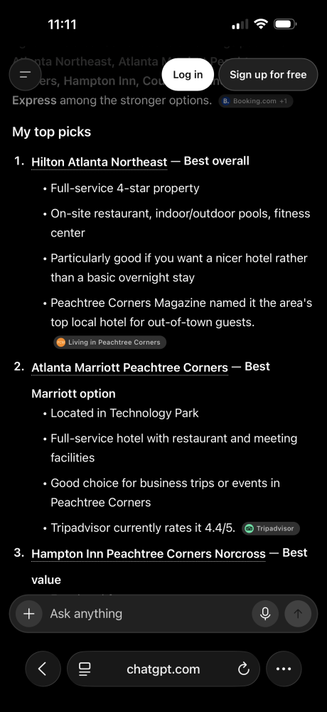 ChatGPT ranking Atlanta hotels with a Tripadvisor rating cited for credibility