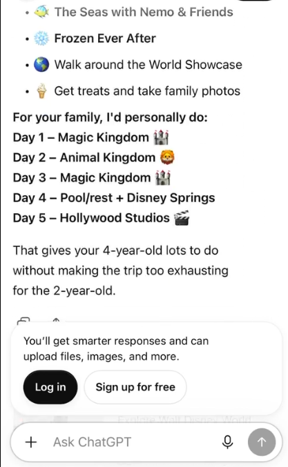 ChatGPT building a full five-day Disney itinerary broken out day by day, unprompted for a tour operator